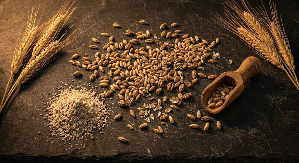 Wild einkorn and barley grains on ancient stone surface